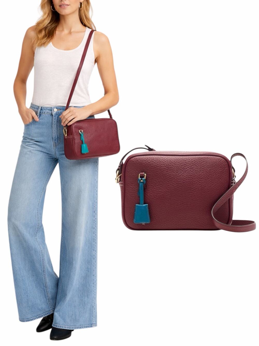 J. Crew Signet Pebble Leather Crossbody Camera Bag Burgundy Red